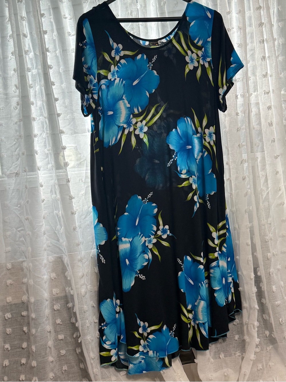 Aloha Fashions Black Dress with Bold Blue Floral Print XL HAWAIIAN, TROPICAL